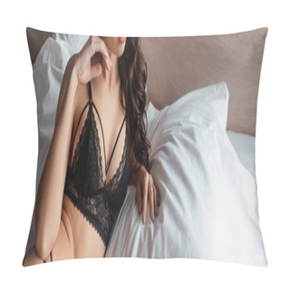 Personality  Panoramic Crop Of Sexy Woman In Lace Bra Lying On Bed In Bedroom Pillow Covers