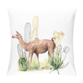 Personality  Watercolor And Sketch Card With Llama And Cacti. Hand Painted Floral Collection With Desert Cacti, Agava And Lama. Illustration Isolated On White Background For Design, Print, Fabric Or Background. Pillow Covers