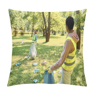 Personality  A Socially Active Couple In Safety Vests And Gloves Stands In The Grass, Cleaning The Park Together With Love And Care. Pillow Covers