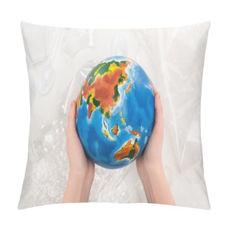 Personality  Cropped View Of Woman Holding Globe Above Plastic Garbage On White Background, Global Warming Concept Pillow Covers