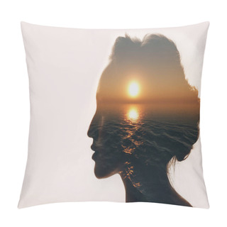 Personality  Psychology Concept. Sunrise And Woman Silhouette. Pillow Covers