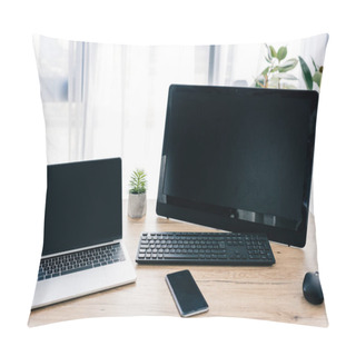 Personality  Closeup Shot Of Laptop With Blank Screen, Computer, Smartphone And Potted Plants On Wooden Table  Pillow Covers