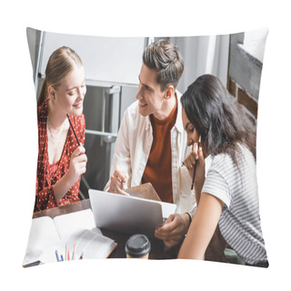 Personality  Multiethnic Students Smiling And Looking At Laptop In Apartment  Pillow Covers