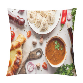 Personality  Adjarian Khachapuri, Soup Kharcho, Wine Bottle And Khinkali On Marble Texture Pillow Covers