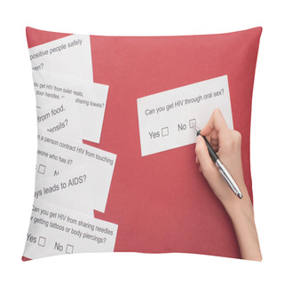 Personality  Partial View Of Woman Answering HIV Questionnaire On Red Background Pillow Covers