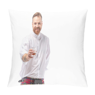 Personality  Smiling Scottish Redhead Man In Red Kilt With Whiskey In Glass Isolated On White Pillow Covers