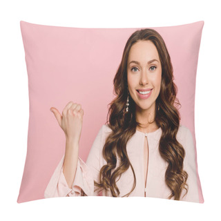 Personality  Cheerful Girl Pointing With Finger And Looking At Camera Isolated On Pink  Pillow Covers