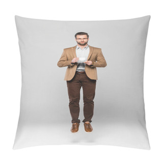 Personality  Handsome Businessman Levitating And Holding Cup Of Coffee On Grey  Pillow Covers
