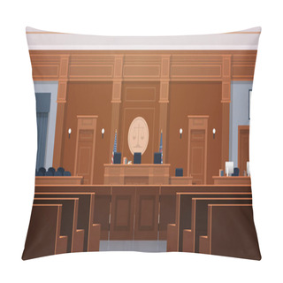 Personality  Empty Courtroom With Judge And Secretary Workplace Jury Box Seats Modern Courthouse Interior Justice And Jurisprudence Concept Horizontal Pillow Covers