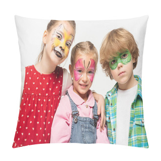 Personality  Smiling Friends With Colorful Face Paintings Looking At Camera Isolated On White Pillow Covers