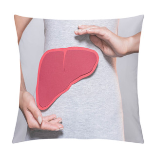 Personality  Partial View Of Woman With Paper Made Human Liver On Grey Background Pillow Covers