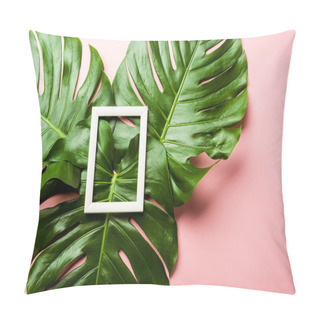Personality  Top View Of Fresh Green Palm Leaves And Square Frame On Pink Background Pillow Covers