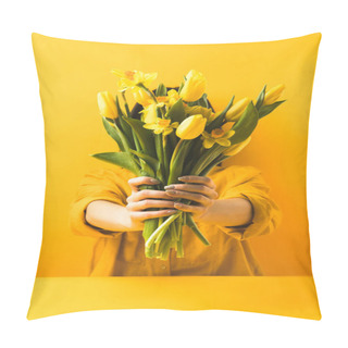 Personality  Close-up View Of Girl Holding Beautiful Yellow Spring Flowers On Yellow Pillow Covers