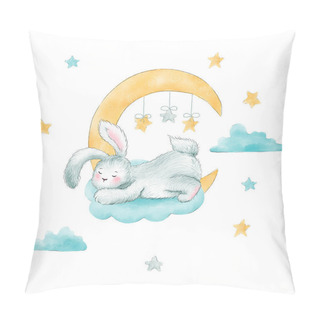 Personality  Bunny Rabbit Is Sleeping On Cloud And Crescent. Illustration. Pillow Covers
