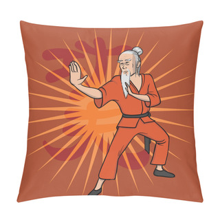 Personality  Shaolin Monk Practicing Kung Fu. Martial Art. Vector Illustration, Isolated On Red. Pillow Covers