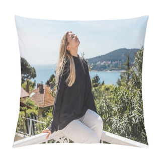 Personality  Pleased And Blonde Woman Posing Near Houses And Sea On Princess Islands In Turkey  Pillow Covers