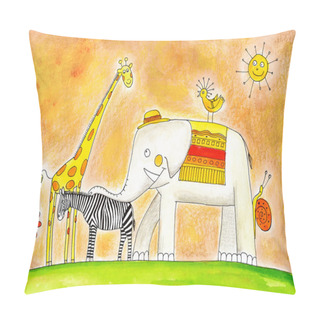 Personality  Group Of Animals, Child's Drawing, Watercolor Painting On Paper Pillow Covers