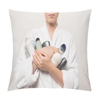 Personality  Partial View Of Woman In Bathrobe Holding Different Deodorants Isolated On Grey Pillow Covers