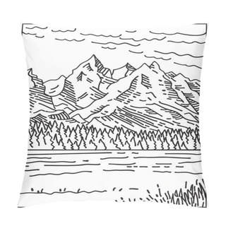 Personality  Mono Line Illustration Of The Teton Range In Grand Teton National Park Located In Northwestern Wyoming, United States Done In Retro Black And White Monoline Line Art Style. Pillow Covers