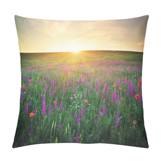 Personality  Field With Grass, Violet Flowers And Red Poppies Pillow Covers