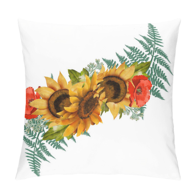 Personality  Composition of yellow sunflowers with green leaves and buds, red poppies and cornflowers on a white background with eucalyptus branches. Sun flower. For stationery, textiles, clothes, pillows, sticker pillow covers