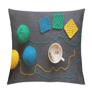Personality  Yarn Of Three Colors, Crocheted Motifs And Coffee Pillow Covers
