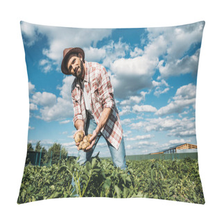 Personality  Farmer Holding Potatoes In Field Pillow Covers