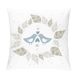 Personality  Little Blue Birds In Love With Hearts Dots And Leaves Wreath Illustration Isolated On White Pillow Covers