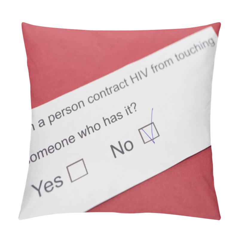 Personality   Paper Card With HIV Questionnaire On Red Background Pillow Covers