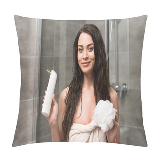 Personality  Cheerful Brunette Woman Holding Shower Gel And Loofah In Hands  Pillow Covers