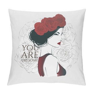 Personality  Portrait Of Young Beautiful Woman With Red Roses In Hair. Vector Hand Drawn Illustration. Pillow Covers