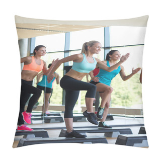 Personality  Group Of Women Working Out With Steppers In Gym Pillow Covers