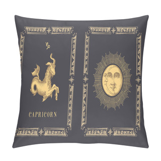 Personality  Capricorn Zodiac Symbol, Horoscope Card In Vector. Pillow Covers