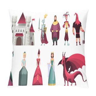 Personality Fairy Tales Characters. Fantasy Knight And Dragon, Prince And Princess, Magic World Queen And King With Castle Tale Magic. Fairytale Isolated Cartoon Vector Icons Set Pillow Covers
