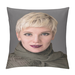 Personality  Beautiful Woman Blonde Wearing Khaki Scarf On Grey Background. Close-up Portrait. Model Shot. Fashion  Hairstyle With Fringe, Haircut And Makeup In Grey Shades. Lilac Lips. Modern Highlighting. Elegant Safari Style. Pillow Covers