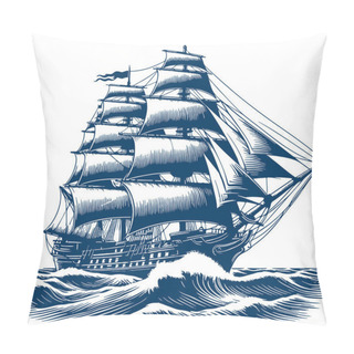 Personality  Vintage Wooden Sailboat Navigating Through Waves Vector Crosshatch Illustration Pillow Covers