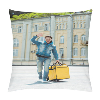 Personality  Positive Courier With Thermo Bag Waving Hand On Urban Street  Pillow Covers