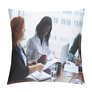 Personality  Group Of Multi-ethnic Co-workers Having Brainstorming Session Around Table With Laptops Pillow Covers