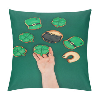 Personality  Cropped Image Of Woman Holding Icing Cookies Isolated On Green, St Patricks Day Concept Pillow Covers