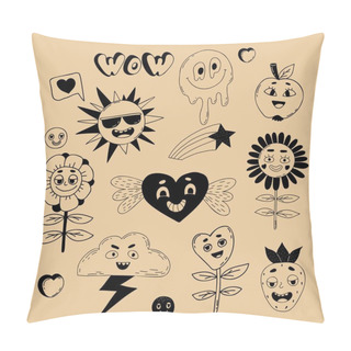 Personality  Retro Collection Of Groovy Elements. Funny Cartoon Characters With Faces Funky Flower Power, Face Smile, Daisy Flowers, Melted Face, Sun, Cloud With Lightning, Heart And Apple. Vector. Hippy Clipart Pillow Covers