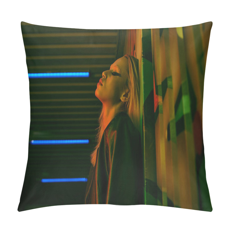 Personality  Woman Leaning Against Wall, Eyes Closed Pillow Covers