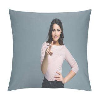 Personality  Brunette Woman Pointing At You, Isolated On Grey Pillow Covers