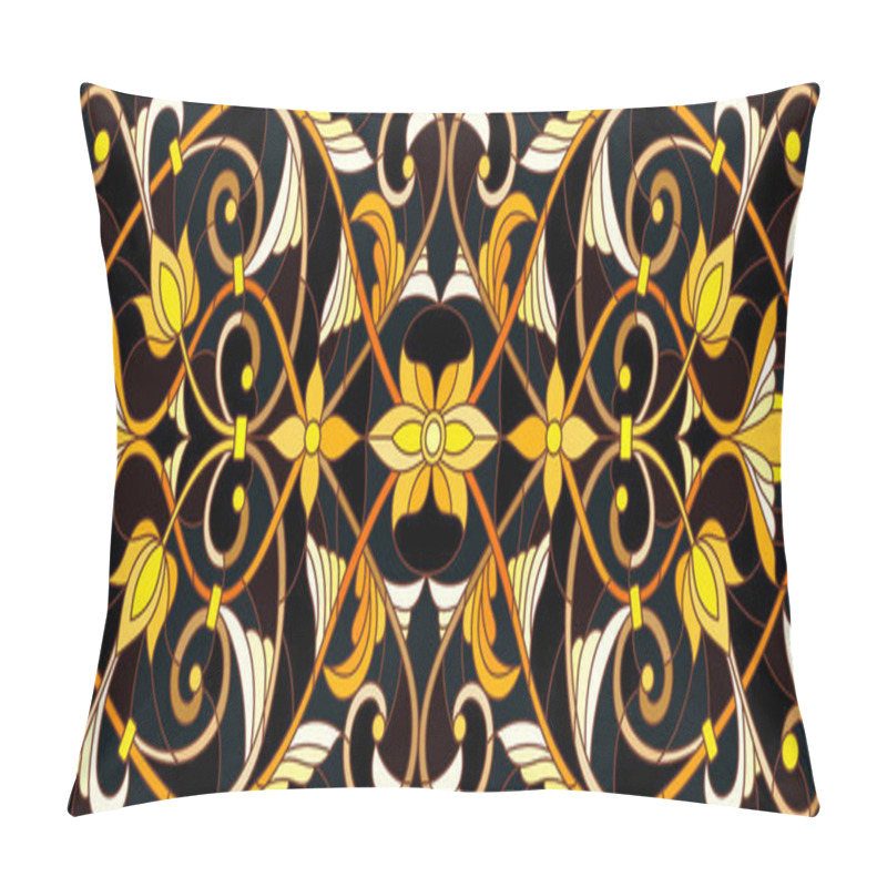 Personality  Illustration In Stained Glass Style With Floral Ornament ,imitation Gold On Dark Background With Swirls And Floral Motifs Pillow Covers