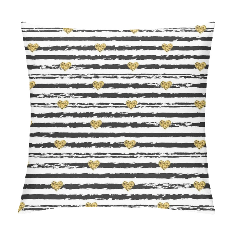 Personality  Seamless pattern with hand drawn ink lines and gold heart shapes. Ink illustration. Striped background. Valentines day. pillow covers
