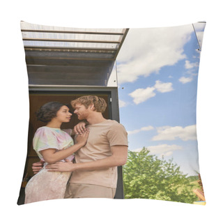 Personality  Affectionate Interracial Couple Standing At Front Door Of Glass House And Looking At Each Other Pillow Covers