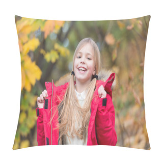 Personality  Full Of Life Energy. Kid Girl Wear Coat For Autumn Season Nature Background. Child Cheerful On Fall Walk. Warm Coat Best Choice For Autumn. Keep Body Warm Clothes Autumn Days. Autumn Outfit Concept Pillow Covers
