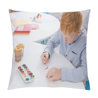 Personality  Focused Preschooler Red Hair Boy Drawing Picture At Table In Classroom Pillow Covers