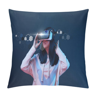 Personality  Young Woman In Virtual Reality Headset Among Cyber Illustration On Dark Background Pillow Covers
