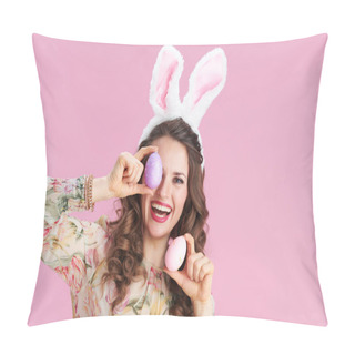 Personality  Young Woman In Floral Dress With Bunny Ears And Easter Egg Isolated On Pink Background. Pillow Covers