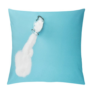 Personality  Top View Of Glass Jar With Sprinkled White Sugar Crystals On Blue Background With Copy Space Pillow Covers